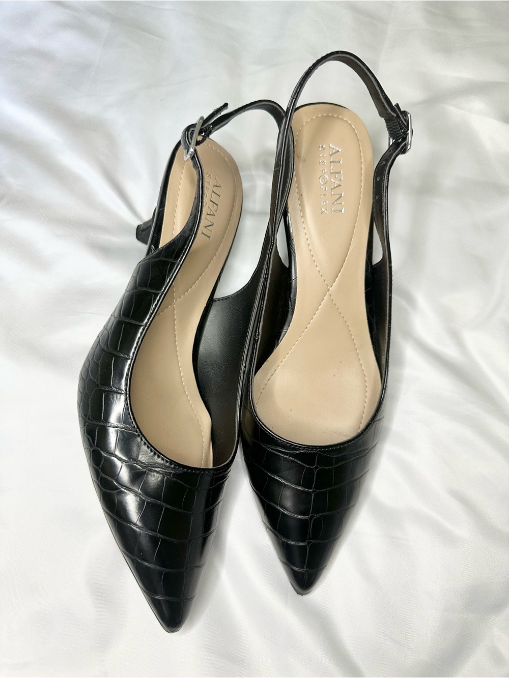 Alfani Step ’N Flex Black Croc Embossed Slingback Kitten Heels Size 8M